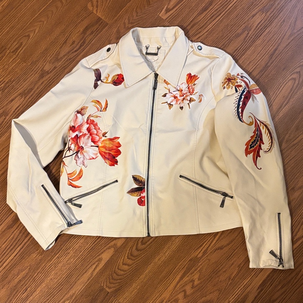 Odyn Floral Cream Vegan Leather Jacket